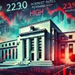 A dramatic illustration of the Federal Reserve building with stock market graphs overlaying the scene, showing economic volatility and interest rate stability