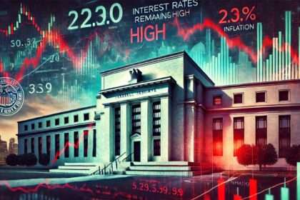 A dramatic illustration of the Federal Reserve building with stock market graphs overlaying the scene, showing economic volatility and interest rate stability