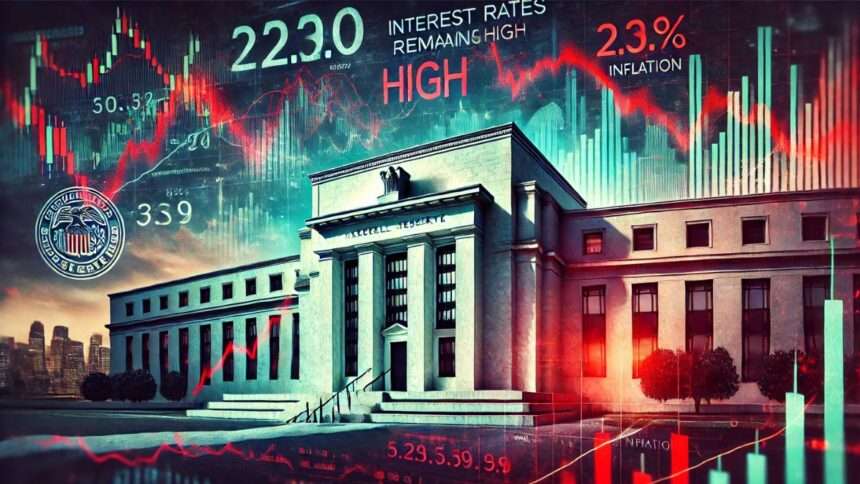 A dramatic illustration of the Federal Reserve building with stock market graphs overlaying the scene, showing economic volatility and interest rate stability