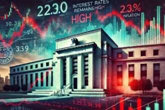 A dramatic illustration of the Federal Reserve building with stock market graphs overlaying the scene, showing economic volatility and interest rate stability