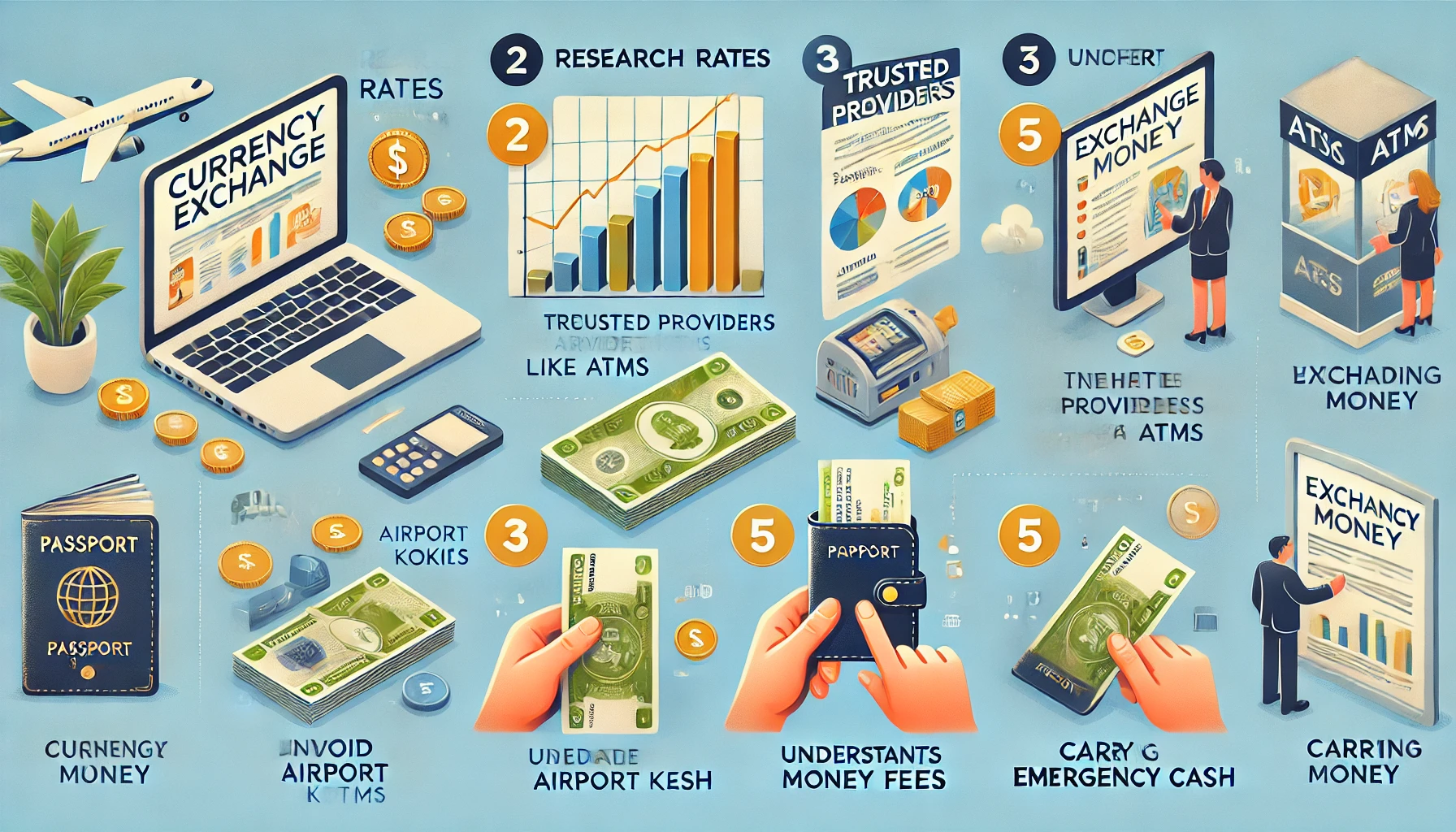 An infographic-style image illustrating the steps for currency exchange. The steps include: 1) Research Rates - visual of a laptop with graphs displayed on the screen, 2) Compare Providers - visual of two hands holding phones with different exchange rates displayed, 3) Choose Trusted Source - visual of a shield icon with a check mark, 4) Gather Documents - visual of a person holding a passport and ID, 5) Exchange Currency - visual of currency being exchanged at a counter, 6) Count & Secure Money - visual of a person counting money and putting it in a wallet, 7) Keep Receipts - visual of a hand holding a receipt