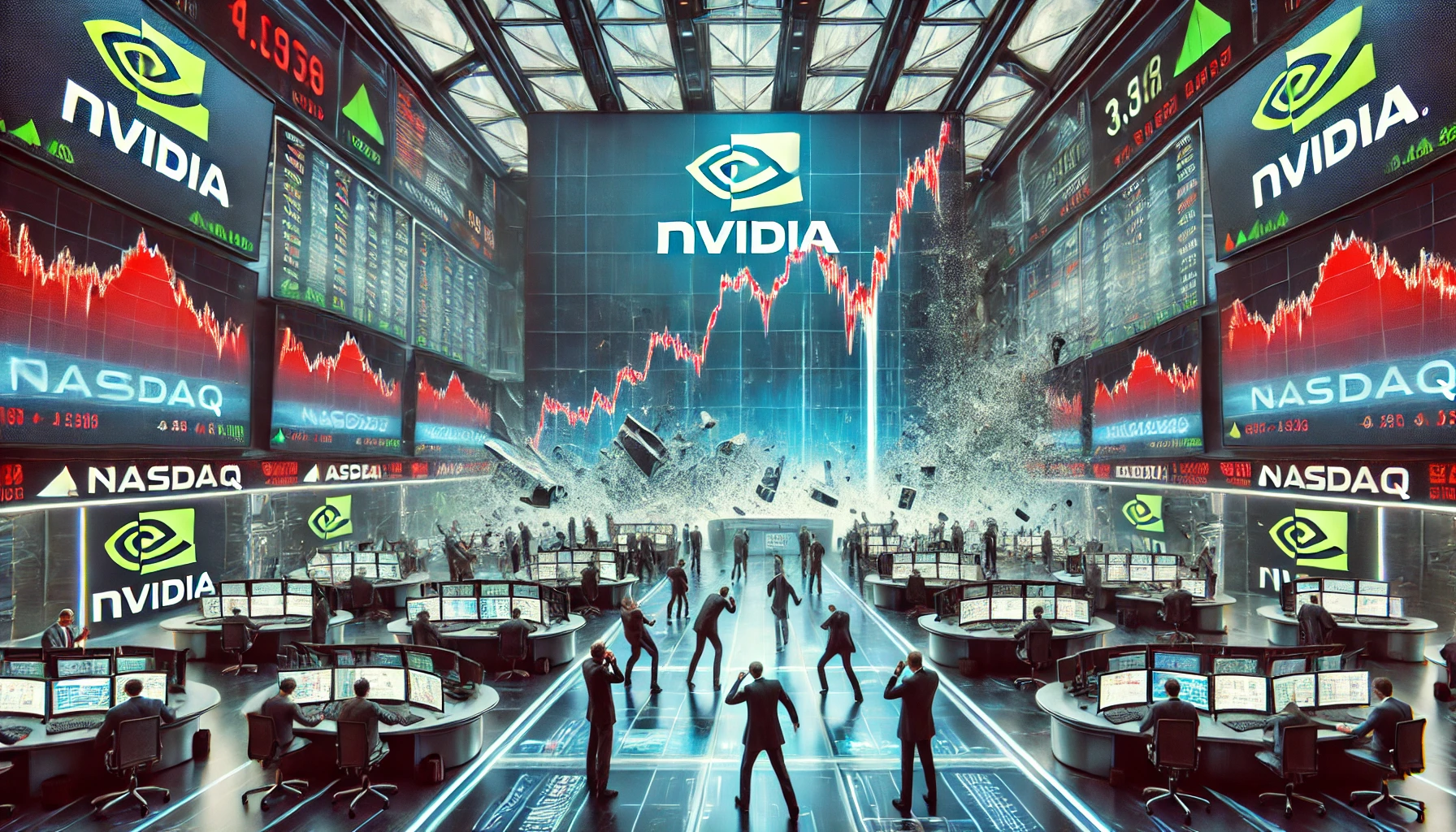 A digital stock exchange floor with massive screens displaying plummeting stock prices, including Nvidia’s logo and a steep downward trend line. Traders react with shock as red market graphs and financial data indicate major losses, symbolizing the impact of DeepSeek’s AI breakthrough on global markets.